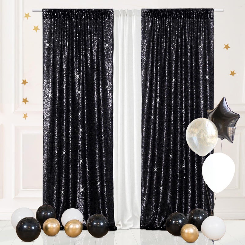 Eternal Beauty Black Sequin Backdrop Curtains, Halloween Shimmer Back Drop 2Panels-2FTx8FT for Christmas, Party, Birthday, Photography, Wedding, Baby Shower Event Decoration - Image 1